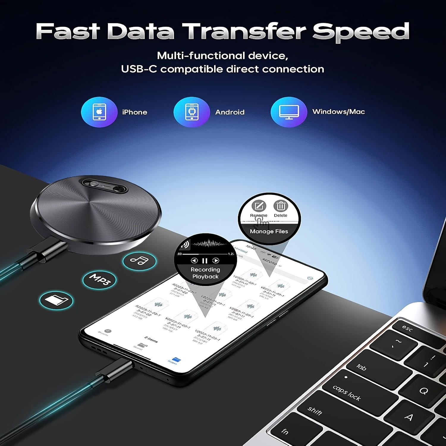Smart Voice Recorder: One-Touch Record & Save, Ultra-Clear Audio with Noise Reduction, USB-C Rechargeable, MP3 Compatible for Meetings, Lectures, Interviews