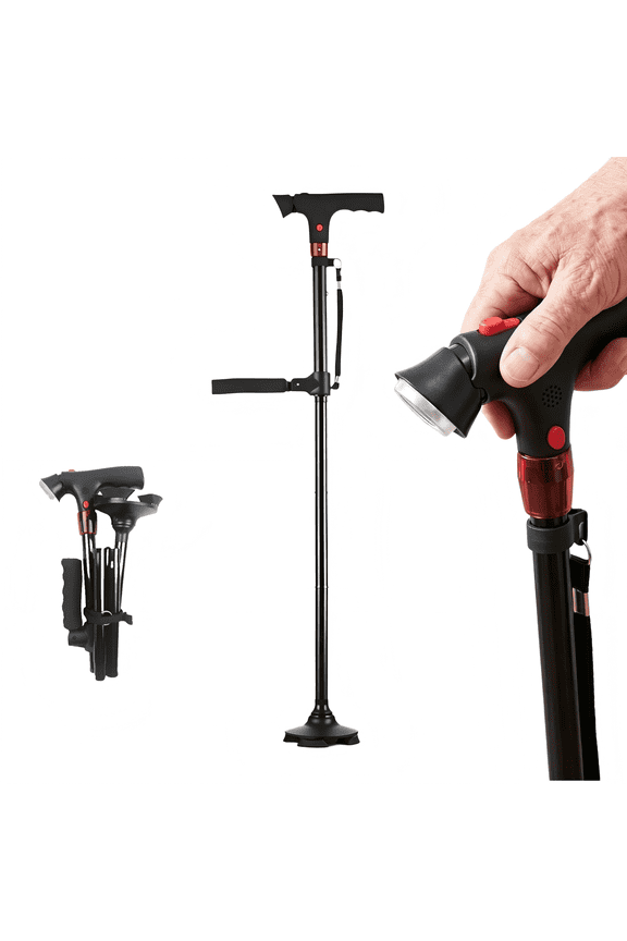 Smart Walking Cane with LED Light & Emergency Alarm - Adjustable Foldable Lightweight Cane for Seniors, Men & Women, Non-Slip Base for Everyday Support & Safety
