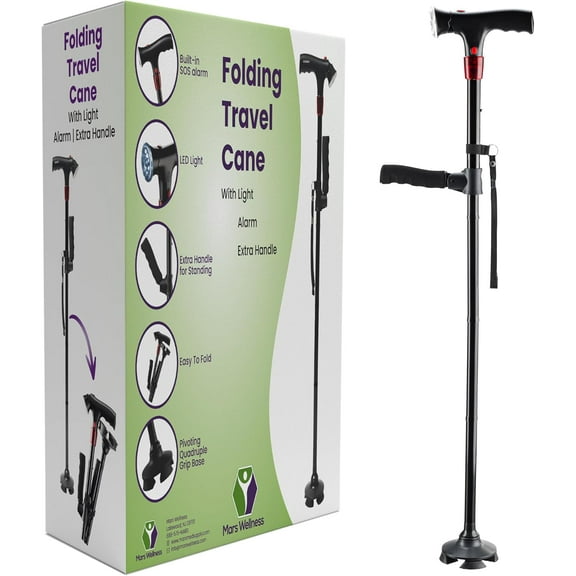 Smart Walking Cane with LED Light - Foldable, Adjustable Cane with Flashlight & Alarm for Seniors, Men & Women - Self Standing Tripod Cane - Collapsible Travel Support Stick