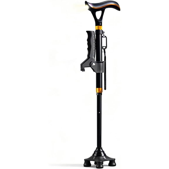 Smart Walking Cane for Seniors with LED Light & Emergency Alarm, Foldable Adjustable Walking Stick, USB-C Rechargeable, Dual Handle Heavy Duty Mobility Aid for Elderly Men & Women