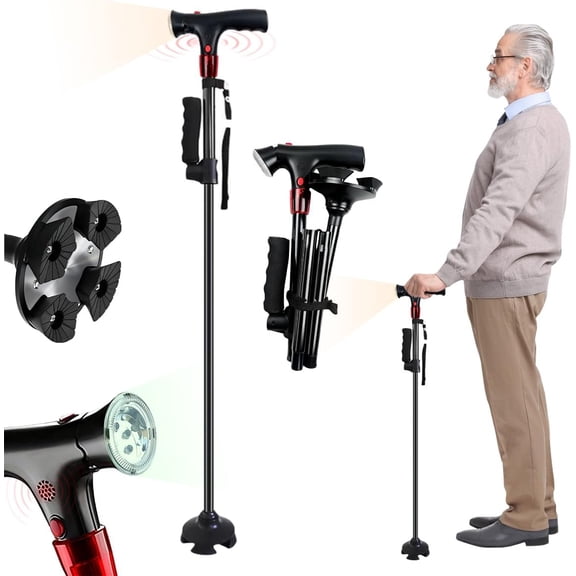 Smart Walking Stick with Light, Dual Handle with Alarm, Adjustable Foldable Stick with Quad Base, Lightweight Self-Standing Stick with Non-Slip Feet for Seniors & Adults