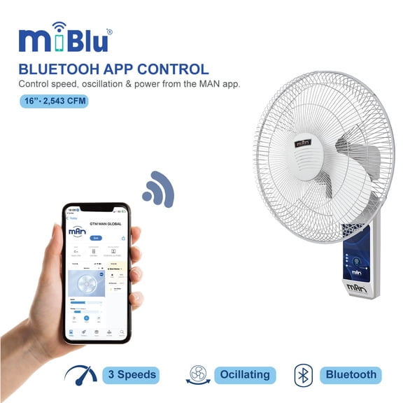 MAN miBlu 16 Inch Smart Wall Fan, Bluetooth App Control, 3-Speed Oscillating Wall Mounted Fan