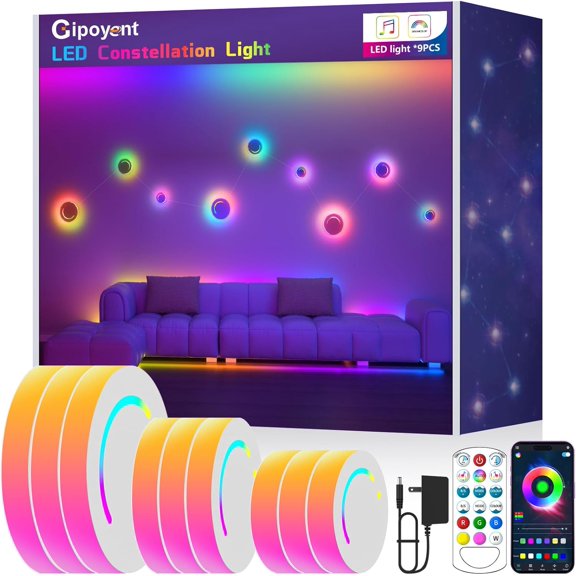 Smart Wall Light, 9-Piece LED DIY Constellation Light, RGB Color Changing, Music Sync, App & Remote Control, Ambient Lighting for Bedroom, Living Room, Gaming, and Home Decor