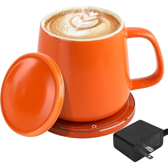 Smart-Warming Ceramic Coffee Cup, 4H Temperature Control with Auto Shut Off, 15W Wireless Charger Coaster, Hot Beverage Warmer with Splash-Proof Lid, 380ml/12.8 fl oz (Orange)