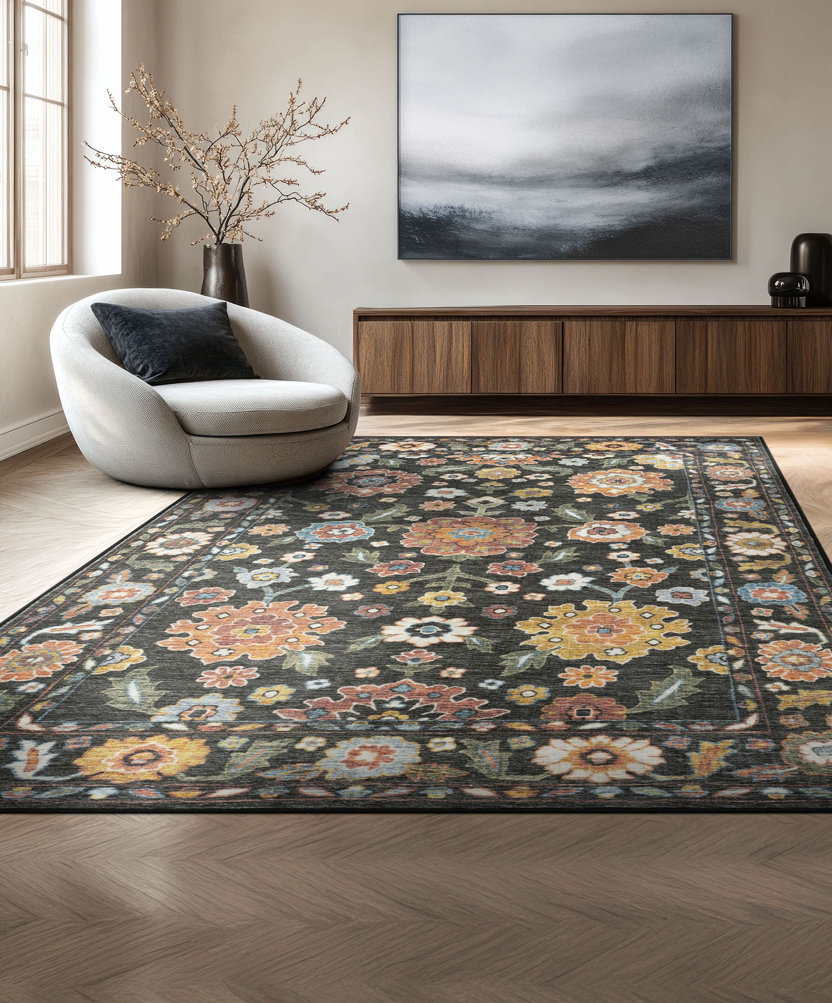 Smart Wash Aura Traditional Oriental Black and Gold Polyester Indoor Machine Washable Area Rug, 5'x7' Rectangle
