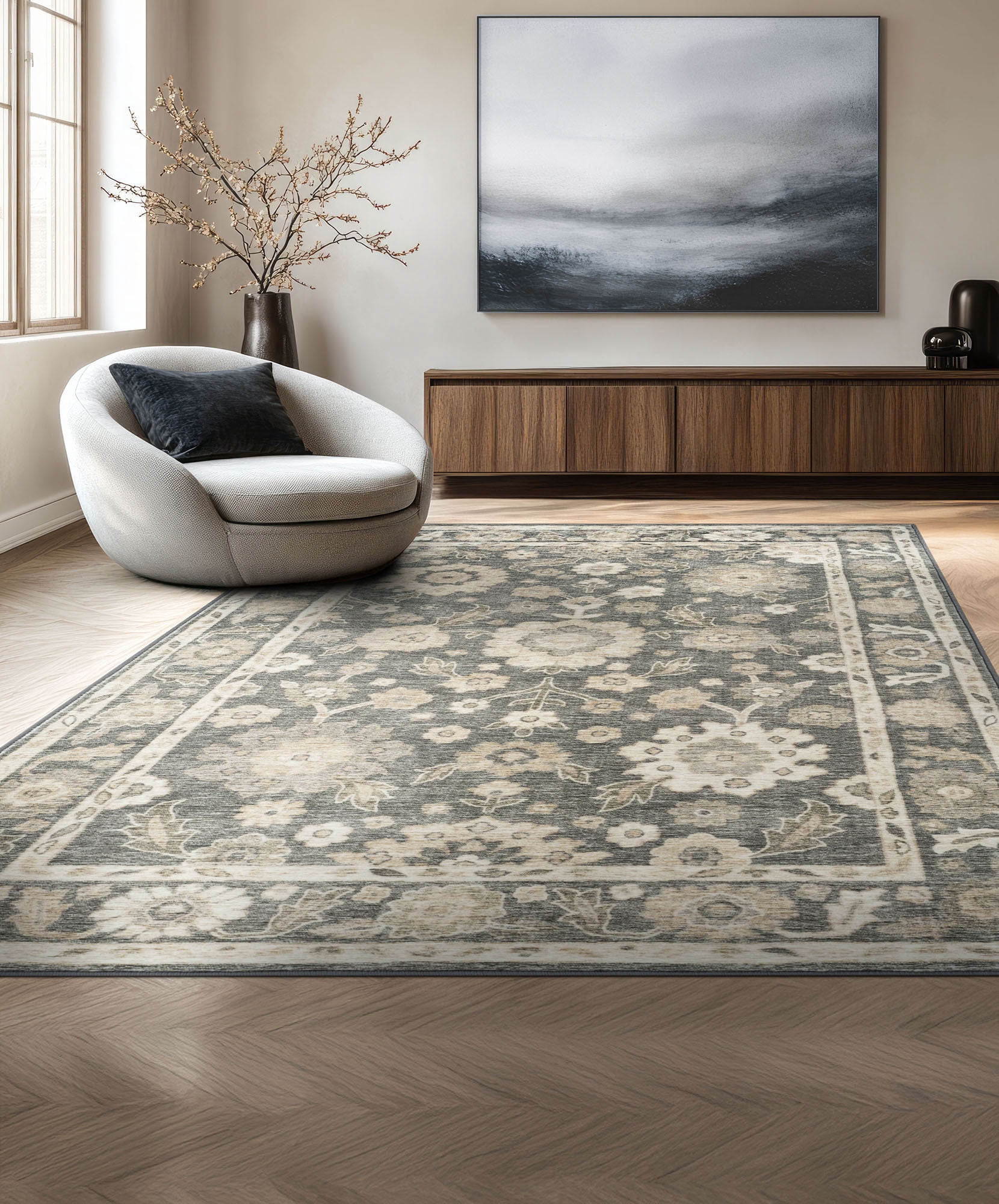 Smart Wash Aura Traditional Oriental Charcoal and Beige Polyester Indoor Machine Washable Area Rug, 5'x7' Rectangle
