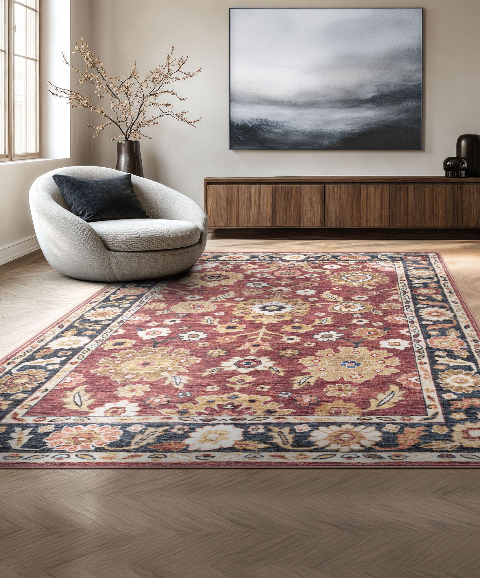 Smart Wash Aura Traditional Oriental Red and Black Polyester Indoor Machine Washable Area Rug, 5'x7' Rectangle