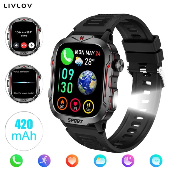 Smart Watch 1.96" HD Fitness Tracker, Flashlight/SOS, Call Function, AI Voice, 100+ Sports Modes, Sleep Monitor, Pedometer, Games, 420mAh Battery, Steel & Silicone Strap for Men Women