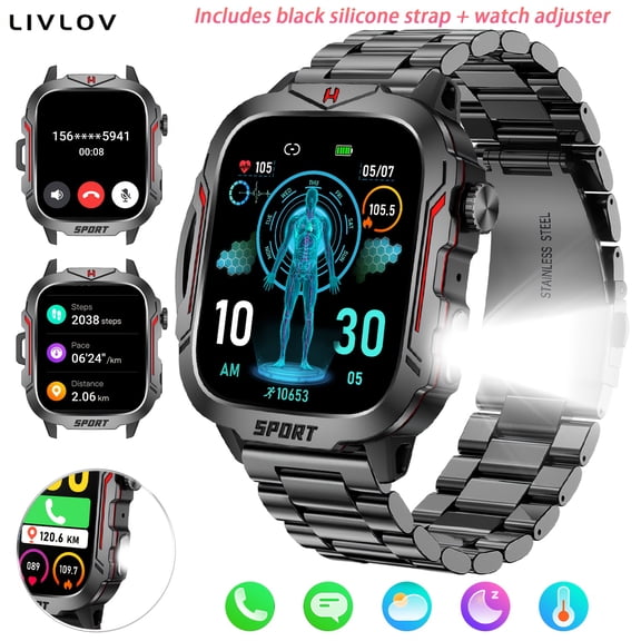 Smart Watch 1.96" HD Fitness Tracker, Flashlight/SOS, Call Function, AI Voice, 100+ Sports Modes, Sleep Monitor, Pedometer, Games, 420mAh Battery, Steel & Silicone Strap for Men Women
