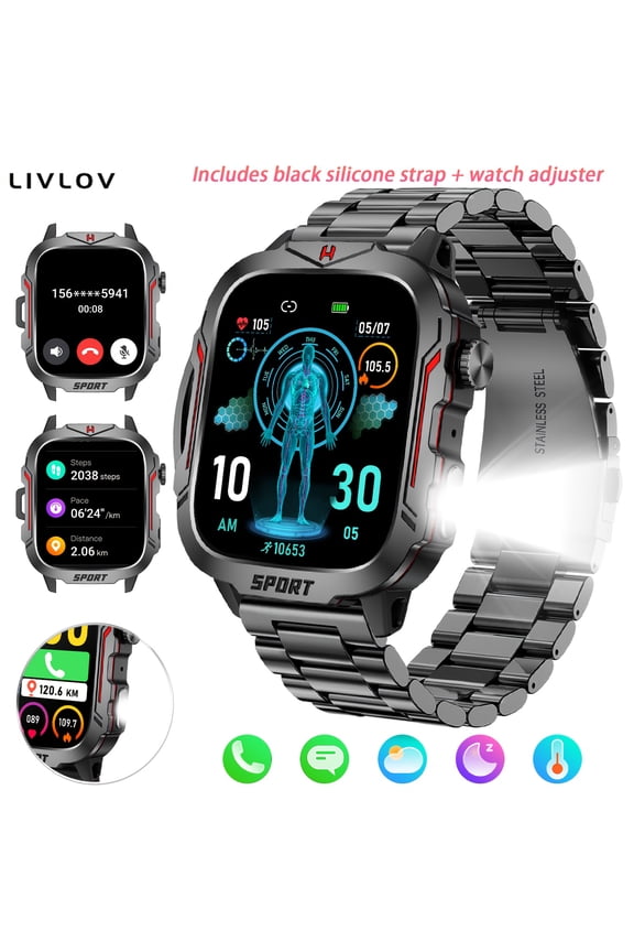 Smart Watch 1.96" HD Fitness Tracker, Flashlight/SOS, Call Function, AI Voice, 100+ Sports Modes, Sleep Monitor, Pedometer, Games, 420mAh Battery, Steel & Silicone Strap for Men Women