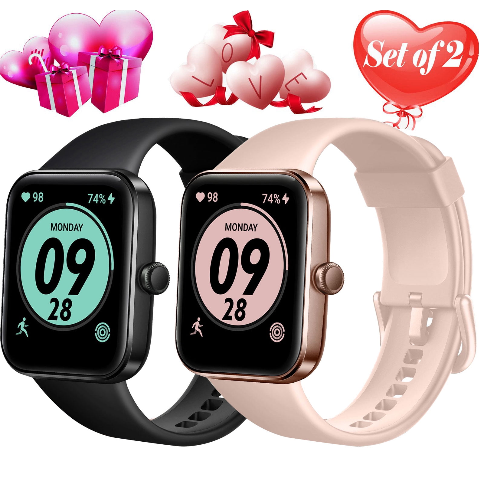 Smart Watch Fit for Android iPhone Device, Full Touch Screen Bluetooth Fitness Tracker with Heart Rate Blood Pressure Monitor, Temperature Test, Waterproof Pedometer Smartwatch for Men Women, Set of 2