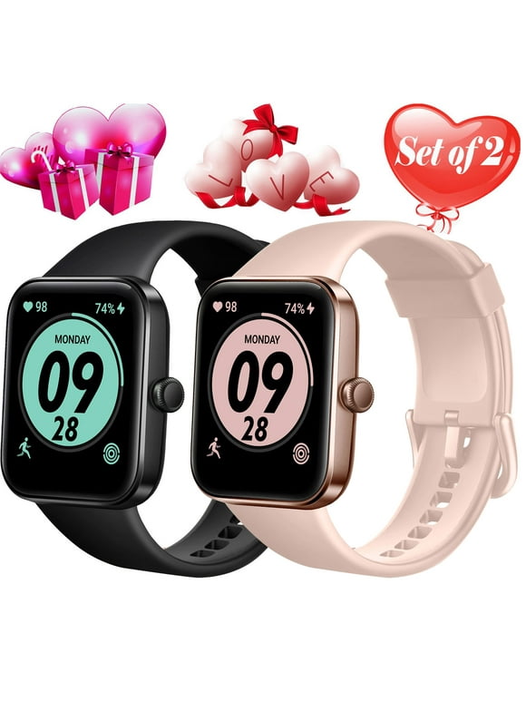 Smart Watch Fit for Android iPhone Device, Full Touch Screen Bluetooth Fitness Tracker with Heart Rate Blood Pressure Monitor, Temperature Test, Waterproof Pedometer Smartwatch for Men Women, Set of 2
