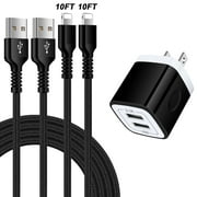 Compatible for iPhone Charger, 2 Pack 10FT USB Charging Cable+2 Port Wall Charger Block, Fast Charging Cord with USB Power Adapter Compatible for iPhone 14 13 12 11 Pro Max, iPad, AirPods(Black)