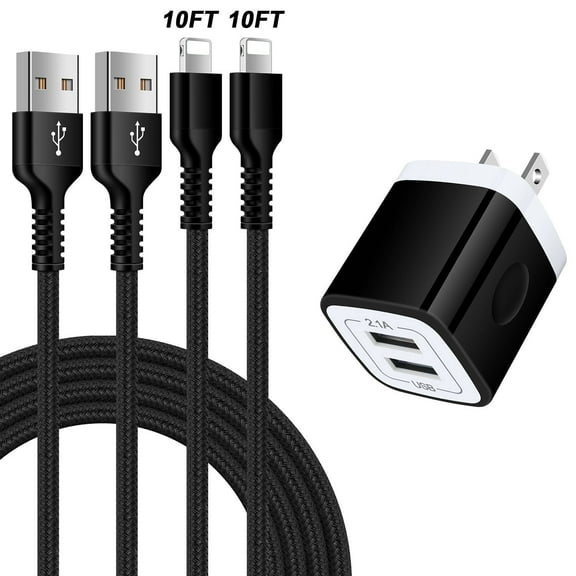 Compatible for iPhone Charger, 2 Pack 10FT USB Charging Cable+2 Port Wall Charger Block, Fast Charging Cord with USB Power Adapter Compatible for iPhone 14 13 12 11 Pro Max, iPad, AirPods(Black)