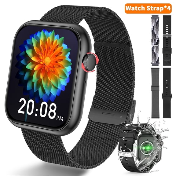 Smart Watch Fits for Android and iPhone,IP68 Waterproof,Suitable for Women Men 100+ Sports Modes 1.96" Fitness Tracker with Answer Make Calls/Message Reminder,4 Watch Bands,Milano Steel Band(Black)