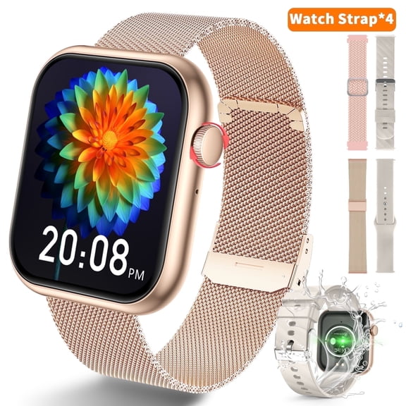 Smart Watch Fits for Android and iPhone,IP68 Waterproof,Suitable for Women Men 100 Sports Modes 1.96 inch Fitness Tracker with Answer Make Calls/Message Reminder,4 Watch Bands,Milano Steel Band(Gold)