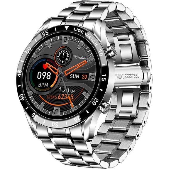 Smart Watch Men, 1.3 "Inch Touchscreen Phone Watch Men Smart Watch IP67 Waterproof Stainless Steel Band StopWatch for IOS Android(silver)