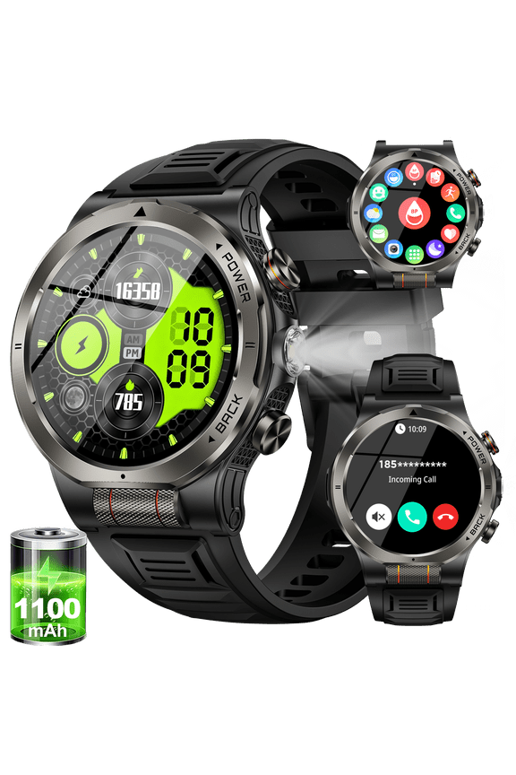 Smart Watch for Men, 1.43'' AMOLED Outdoor Smartwatch with Flashlight Compass, 3ATM Waterproof Fitness Tracker with Bluetooth Call, 1100 mAh Battery for Android iOS, Black