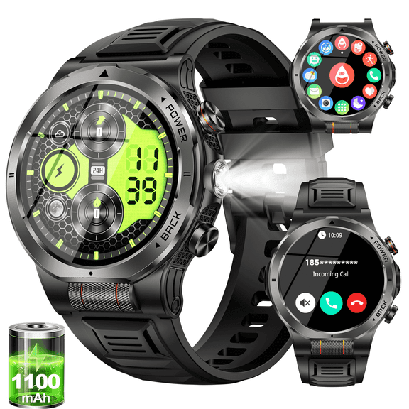 Smart Watch for Men, 1.43'' AMOLED Outdoor Smartwatch with Flashlight Compass, 3ATM Waterproof Fitness Tracker with Bluetooth Call, 1100 mAh Battery for Android iOS, Black