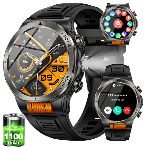 Smart Watch for Men, 1.43'' AMOLED Outdoor Smartwatch with Flashlight Compass, 3ATM Waterproof Fitness Tracker with Bluetooth Call, 1100 mAh Battery for Android iOS, Orange