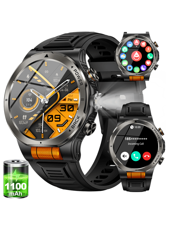 Smart Watch for Men, 1.43'' AMOLED Outdoor Smartwatch with Flashlight Compass, 3ATM Waterproof Fitness Tracker with Bluetooth Call, 1100 mAh Battery for Android iOS, Orange