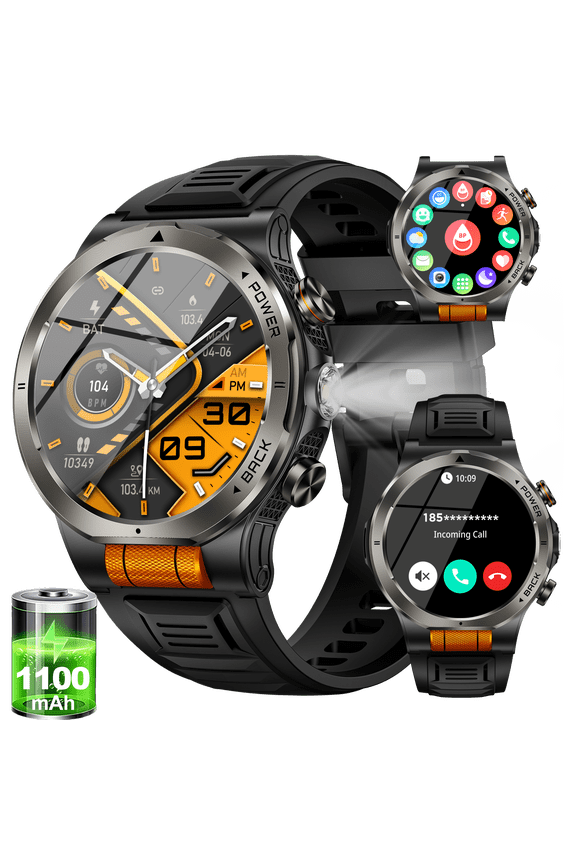 Smart Watch for Men, 1.43'' AMOLED Outdoor Smartwatch with Flashlight Compass, 3ATM Waterproof Fitness Tracker with Bluetooth Call, 1100 mAh Battery for Android iOS, Orange