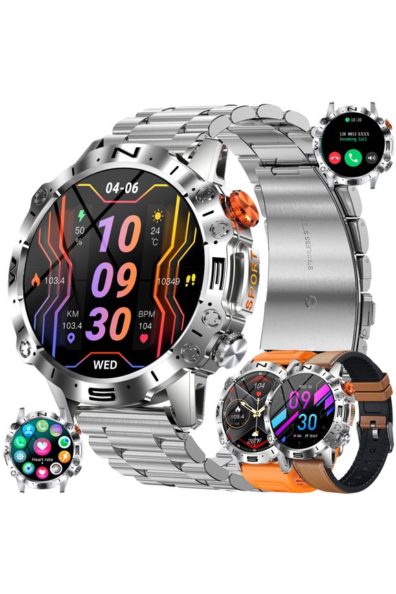 Smart Watch for Men, 1.43" HD Touchscreen, Bluetooth Calling (Answer/Make Calls), 100+ Sports Modes, 10-Day Standby, IP67 Waterproof, Fitness Tracker Compatible with Android & iPhone (3 Strap)