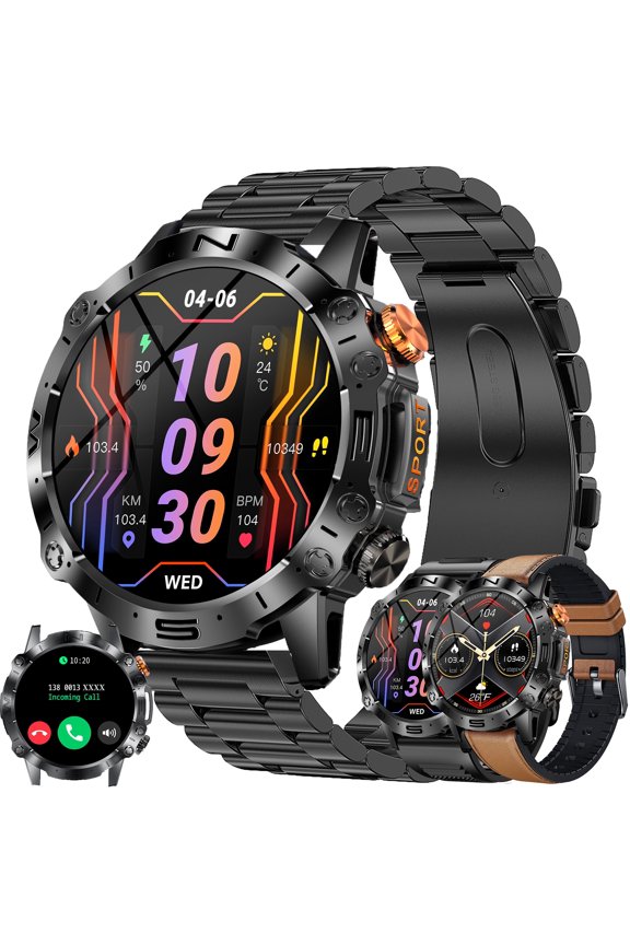 Smart Watch for Men, 1.43" HD Touchscreen, Bluetooth Calling (Answer/Make Calls), 100+ Sports Modes, 10-Day Standby, IP67 Waterproof, Fitness Tracker Compatible with Android & iPhone (3 Strap)