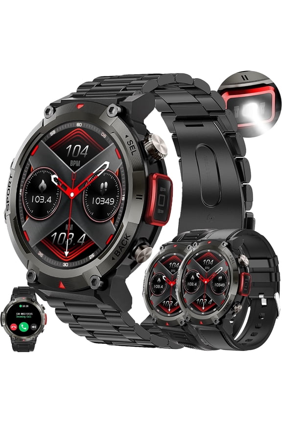 Smart Watch for Men, 1.45" HD Touchscreen, Bluetooth Calling (Answer/Make Calls), 100+ Sports Modes, 10-Day Standby, IP67 Waterproof, Fitness Tracker Compatible with Android & iPhone (3 Strap)