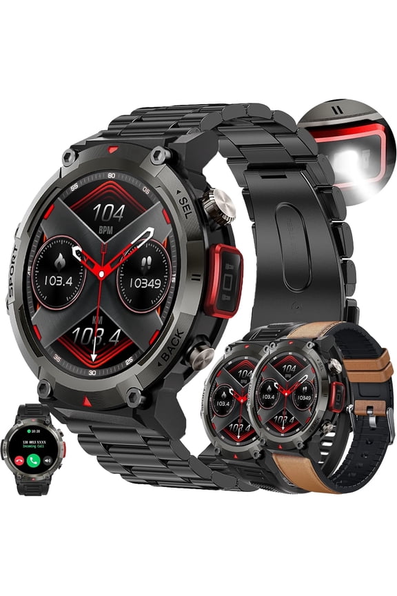 Smart Watch for Men, 1.45" HD Touchscreen, Bluetooth Calling (Answer/Make Calls), 100+ Sports Modes, 10-Day Standby, IP67 Waterproof, Fitness Tracker Compatible with Android & iPhone (3 Strap)