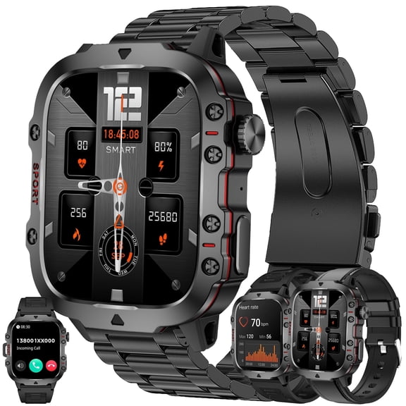 Smart Watch for Men, 1.96'' Smartwatch for Android and for iPhone,110+ Sports Modes Fitness Tracker with Answer Make Calls/Message Reminder, 5ATM Waterproof for Gift(3 Strap)