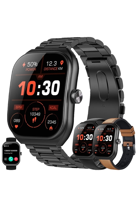 Smart Watch for Men, 2.01" HD Touchscreen, Bluetooth Calling (Answer/Make Calls), 100+ Sports Modes, 10-Day Standby, IP68 Waterproof, Fitness Tracker Compatible with Android & iPhone (3 Strap)