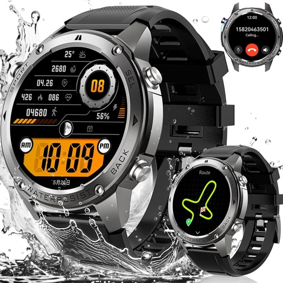 Smart Watch for Men, 5ATM Waterproof with GPS & Bluetooth Call, 1.43" AMOLED Always-On Display, Rugged Tactical Watch with Compass/Altitude/Barometer, 170+ Sport Modes, Stress Monitor for iPho