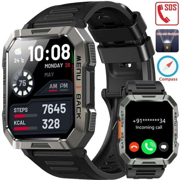 Smart Watch for Men(Answer/Dial Calls),100 Sports Modes, 5ATM Waterproof Fitness Watch with Compass/LED Flashlight Fits for Android and iOS,2.01''HD DIY Screen Smartwatch Black