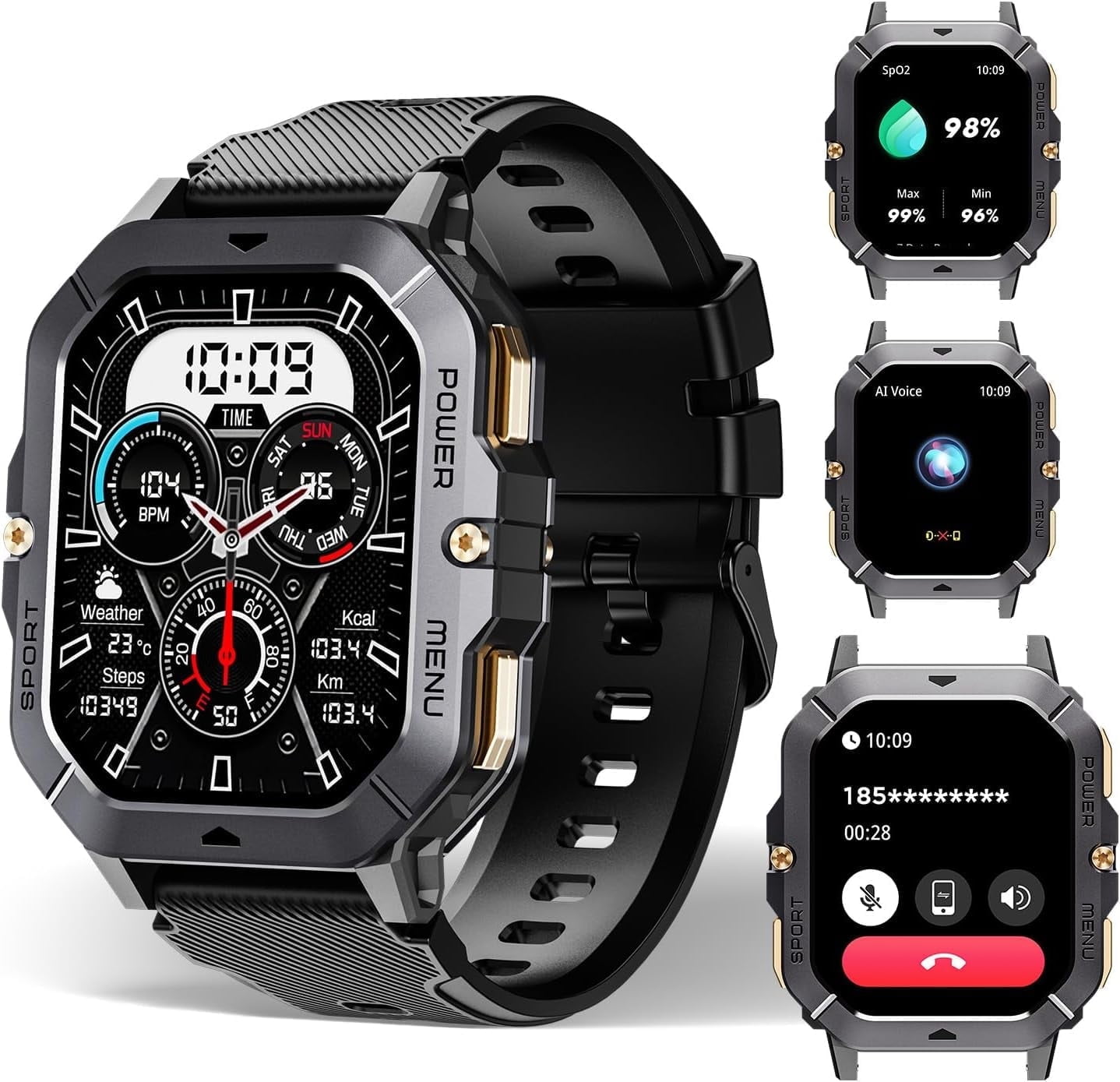 Smart Watch for Men, Waterproof Military Watch 2.02” HD Touchscreen Answer/Make Calls, Sport Fitness Activity Tracker with Heart Rate/Oxygen/Sleep Monitor/100+ Sports Modes