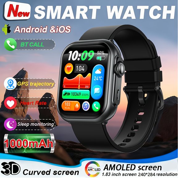 Smart Watch (Men/Women): 1.83-inch HD Touchscreen, BT Calling, 100+ Sports Modes, 7-Day Battery, Sleep Monitoring, iOS/Android Compatible, IP68 Waterproof