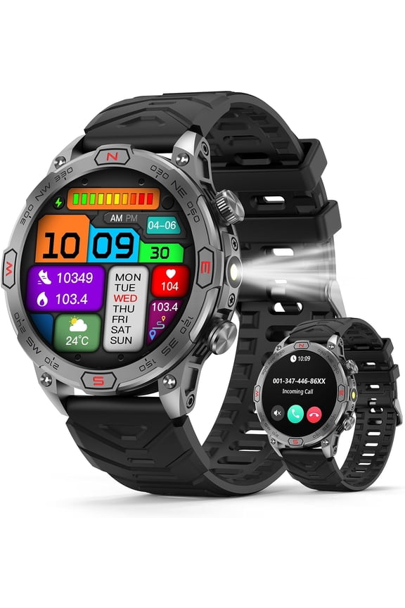 Smart Watch for TCL 20 XE - AMOLED 1.43" Display with LED Flashlight, Outdoor Smartwatch with Compass/Altitude/Air Pressure, Waterproof Fitness Tracker Watch