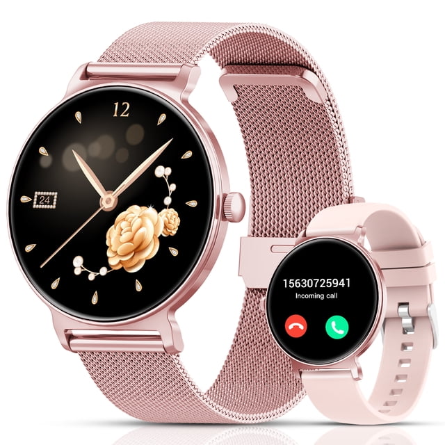 Smart Watch for Women, 1.27" HD Thin Face Smartwatch Compatible with iPhone/Android (Answer/Make Calls), IP68 Waterproof, 100+ Sport Modes Fitness Tracker with 2 Bands
