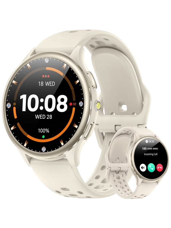 Smart Watch for Women, 1.32-inch Round TFT Display, Bluetooth Calling, IP68 Waterproof Fitness Smartwatch, 120+ Sports Modes, Compatible with Android & iPhone (Off‑white)
