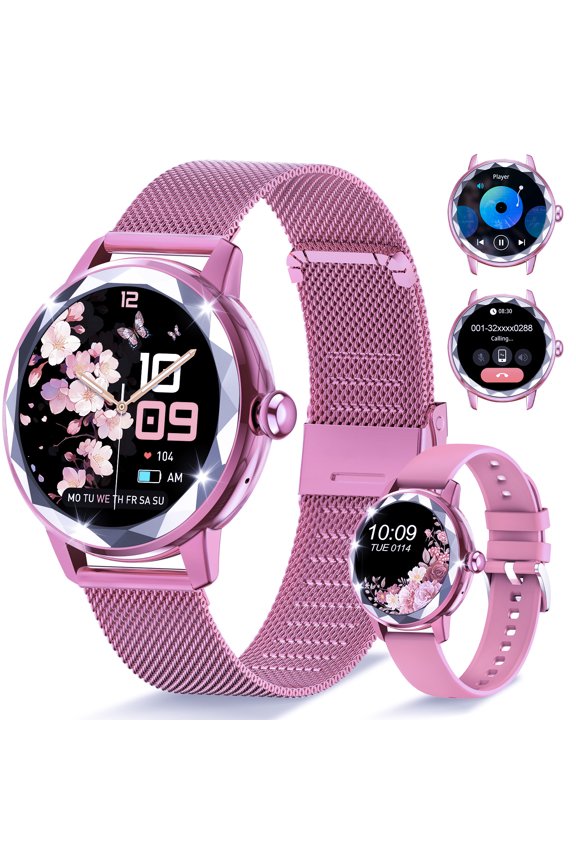 Smart Watch for Women with Make/Answer Call, 1.2" Adjustable Fitness Watch with Heart Rate Sleep Monitor Female Cycle and 100+ Sports Modes (A1-Pink steel band)