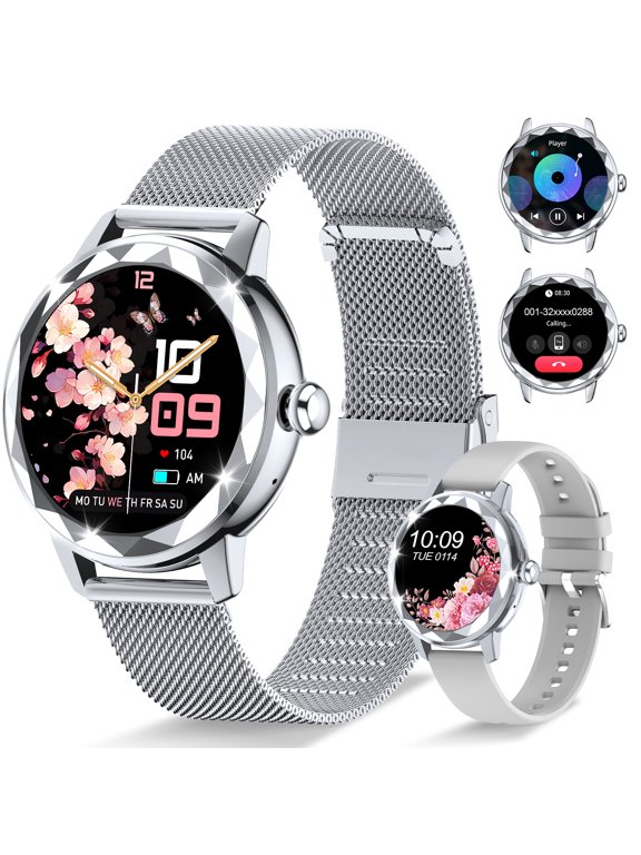 Smart Watch for Women with Make/Answer Call, 1.2" Adjustable Fitness Watch with Heart Rate Sleep Monitor Female Cycle and 100+ Sports Modes (A5-Silver-colored, steel band)