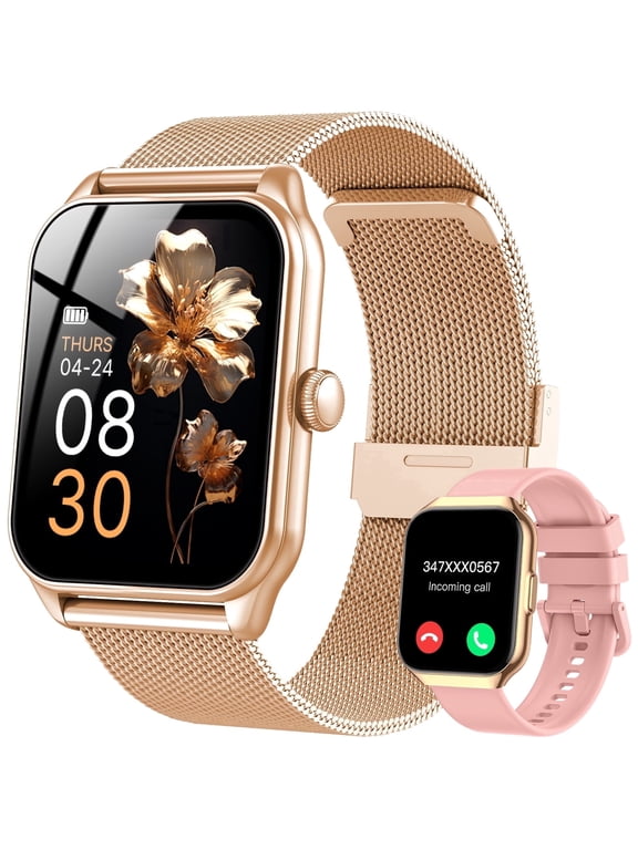 Smart Watch for Women for iPhone Android: 1.83"Smartwatch with Make/Answer Bluetooth Call IP68 Waterproof Smart Watch 120+Sport Mode 200+ Dials Fitness Tracker 2 Bands Gold Pink