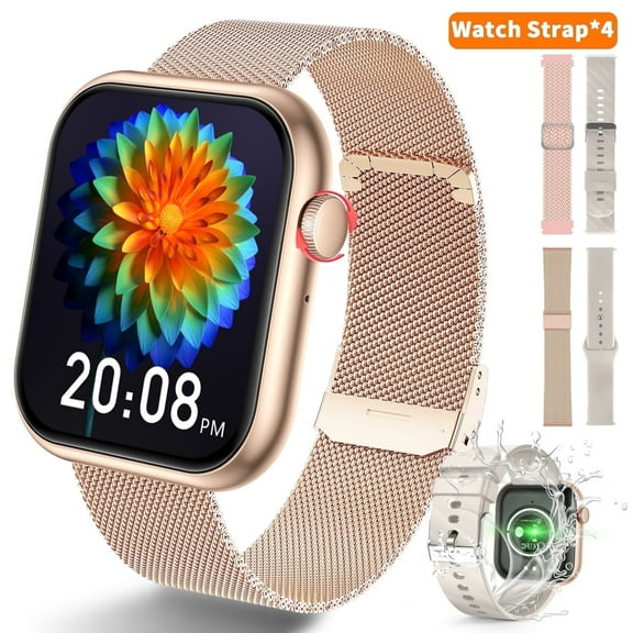 Smart Watch Fits for Android and iPhone,IP68 Waterproof,Suitable for Women Men 100 Sports Modes 1.96 inch Fitness Tracker with Answer Make Calls/Message Reminder,4 Watch Bands,Milano Steel Band(Gold)