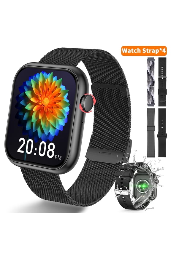 Smart Watch Fits for Android and iPhone,IP68 Waterproof,Suitable for Women Men 100+ Sports Modes 1.96" Fitness Tracker with Answer Make Calls/Message Reminder,4 Watch Bands,Milano Steel Band(Black)