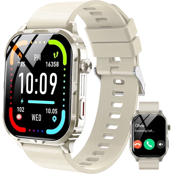 Posrue H5 Smart Watch with Bluetooth Call, IP68 Waterproof Fitness Tracker for Women and Men, Beige