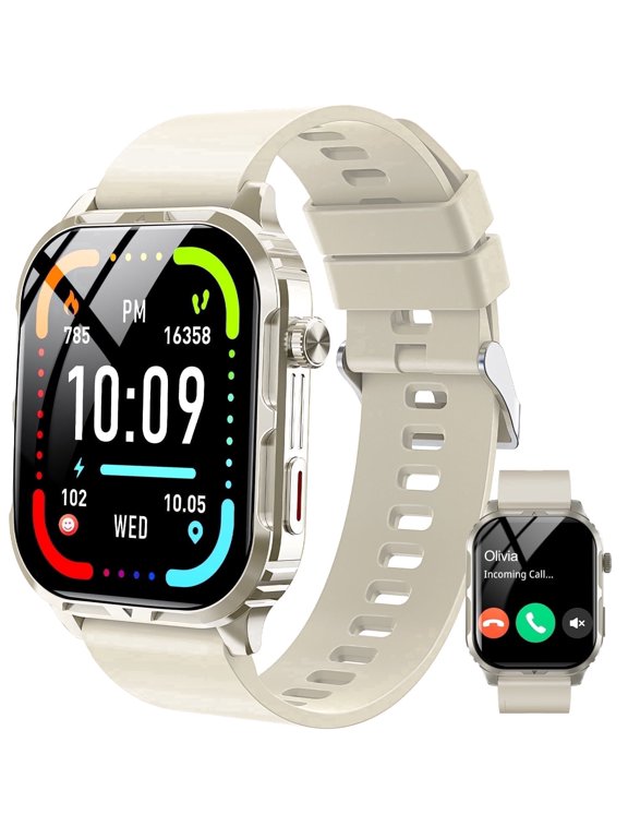 H5 Smart Watch with Bluetooth Call, IP68 Waterproof Fitness Tracker for Women and Men, Beige