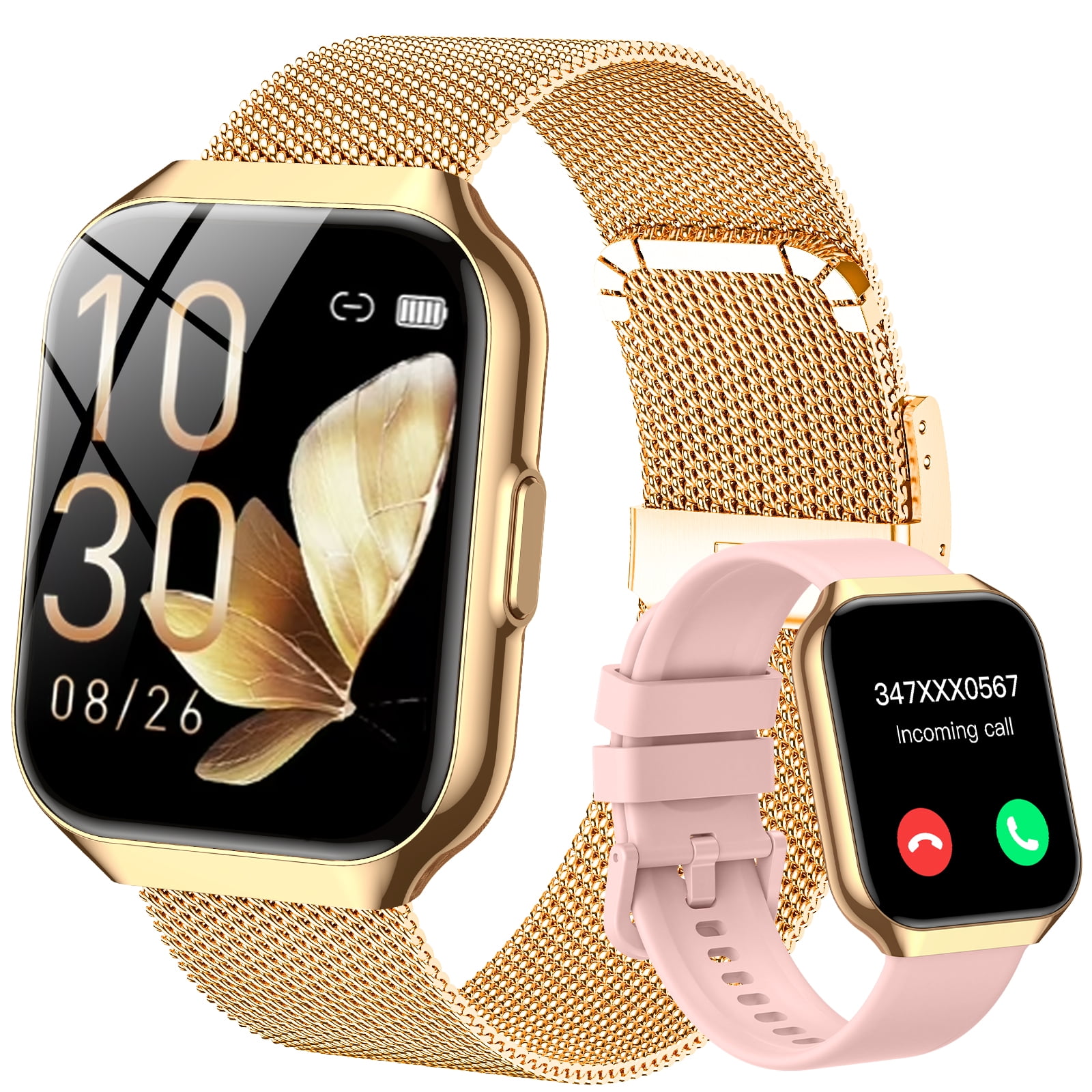Tikland Smart Watch for Women 1.96'' Fitness Tracker Gold Smart Watches for Women Digital Watches 120 Sports Mode Make/Answer Call Waterproof Running Smartwatch Fits for Android iPhone 2 Straps