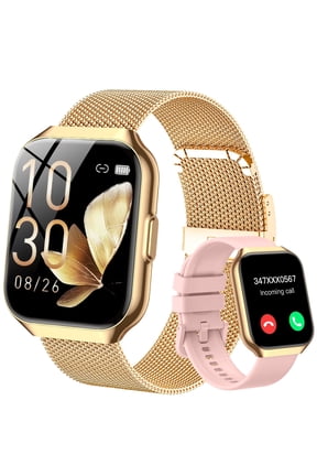 Smart Watch for Women 1.96'' Fitness Tracker Gold Smart Watches for Women Digital Watches 120 Sports Mode Make/Answer Call Waterproof Running Smartwatch Fits for Android iPhone 2 Straps