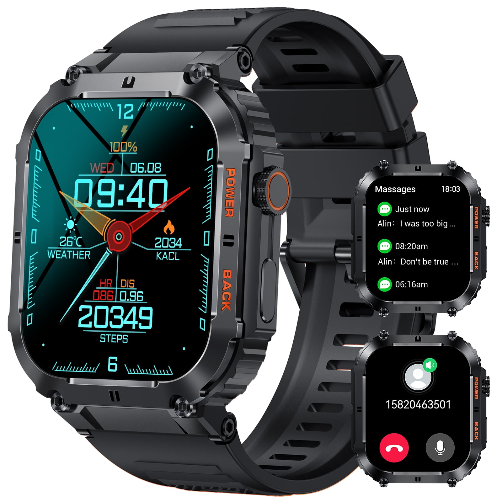 Amazpro Smart Watch for Men,1.96 Inches HD Outdoor Tactical Sports Rugged  Smartwatch with Bluetooth Call ,100+Sports Modes Fitness Tracker, Ip67