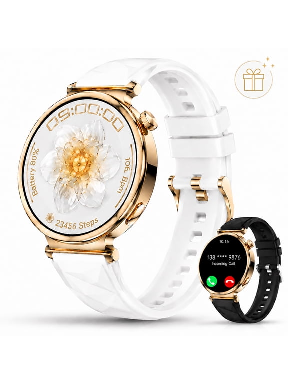 Smart Watch for Women, 1.32" OLED Round Display Fitness Tracker/Pedometer with Bluetooth Calls, 1ATM/IP68 Waterproof Ladies Smartwatches Compatible with iphone Android, for Gift, 2 Straps